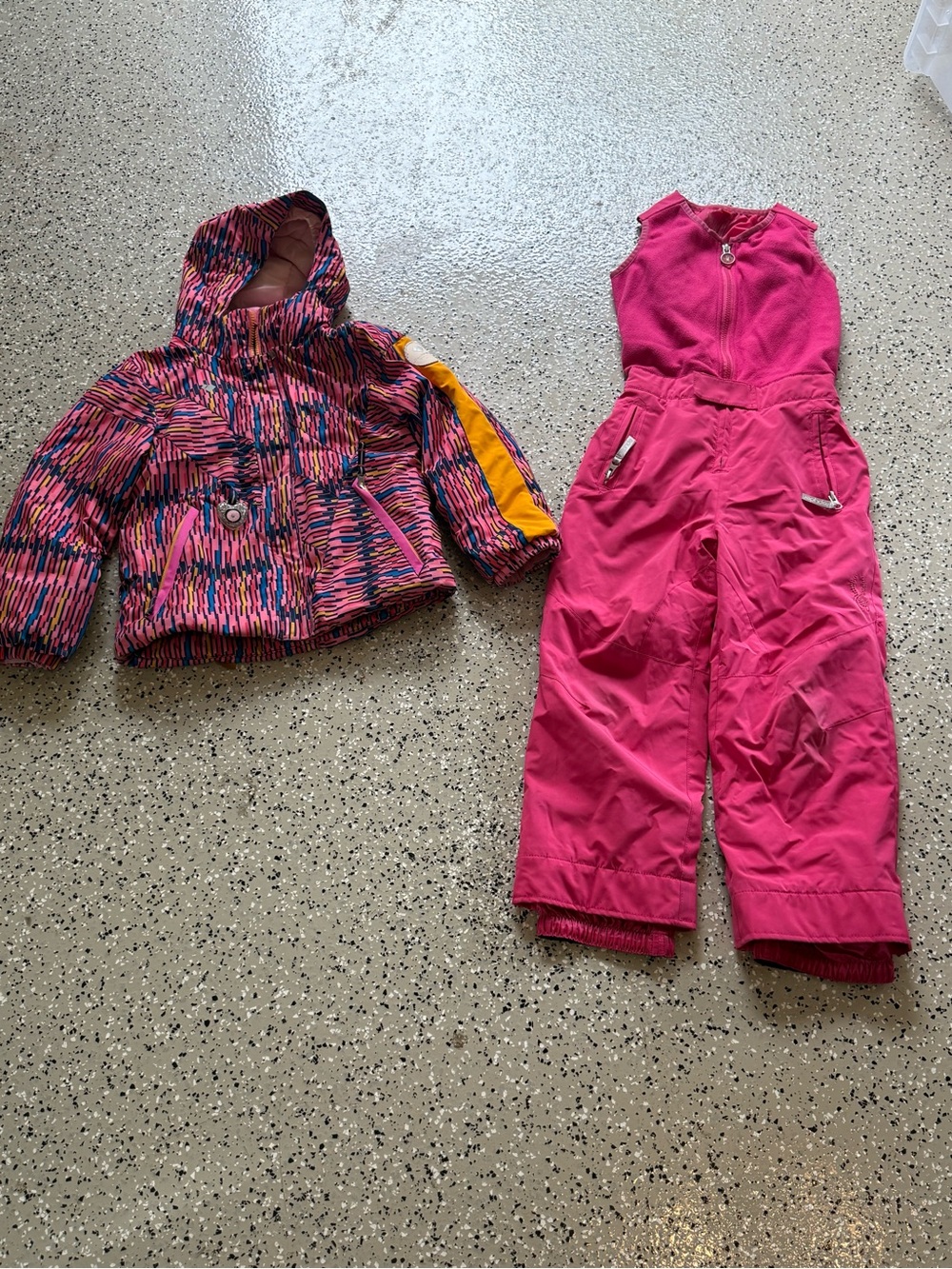 Spyder Girls' Pink Multi-Color Puffer Jacket and Pink Snow Bibs